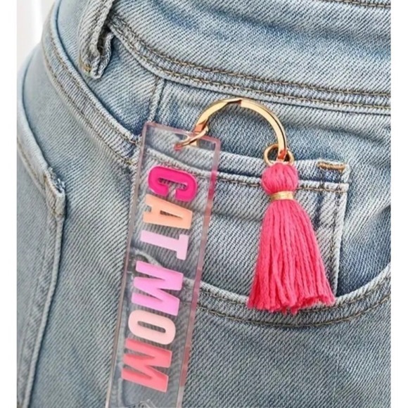 Cat Mom Acrylic Keychain Pink Tassel Gold Tone Hardware Keyring Pet Lover Pink - Picture 4 of 5